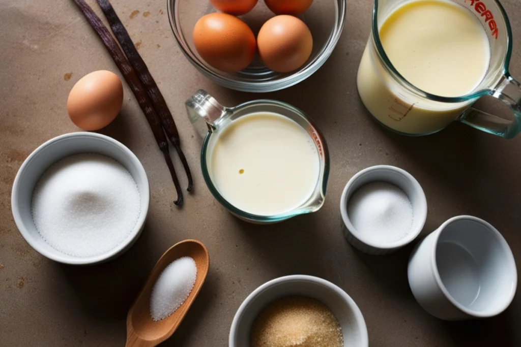 What is the secret to crème brûlée? Ingredients for crème brûlée including egg yolks, cream, sugar, and vanilla bean