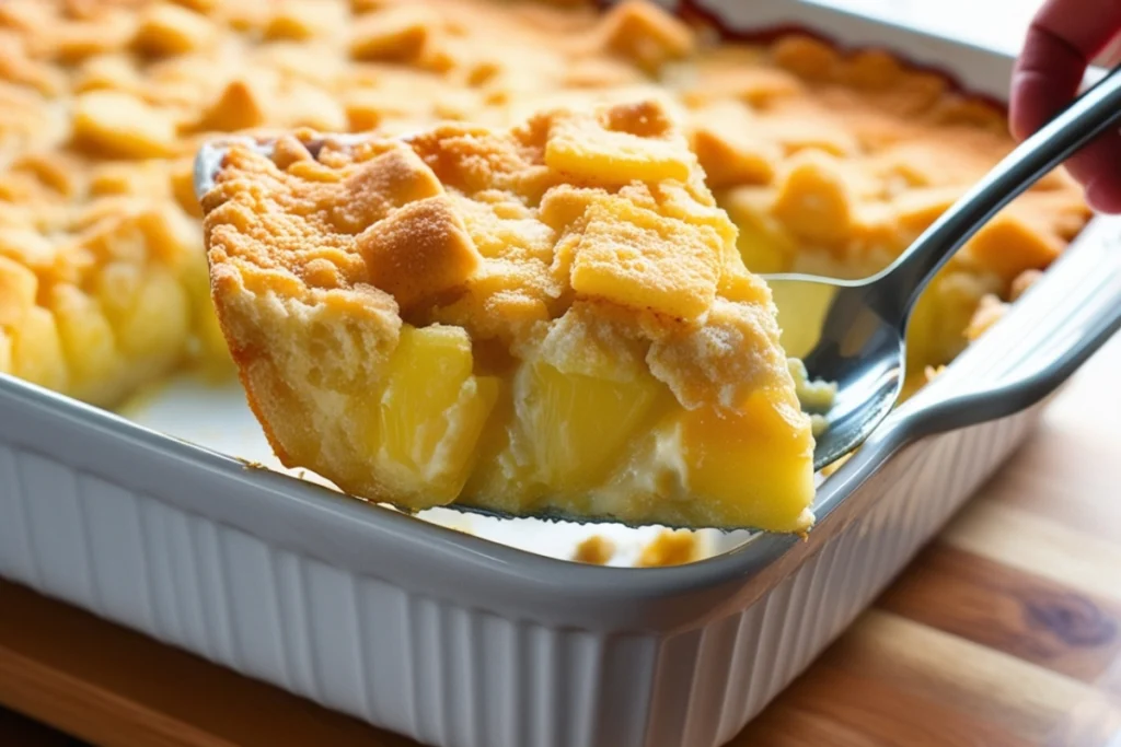 A slice of Pineapple Casserole being served.