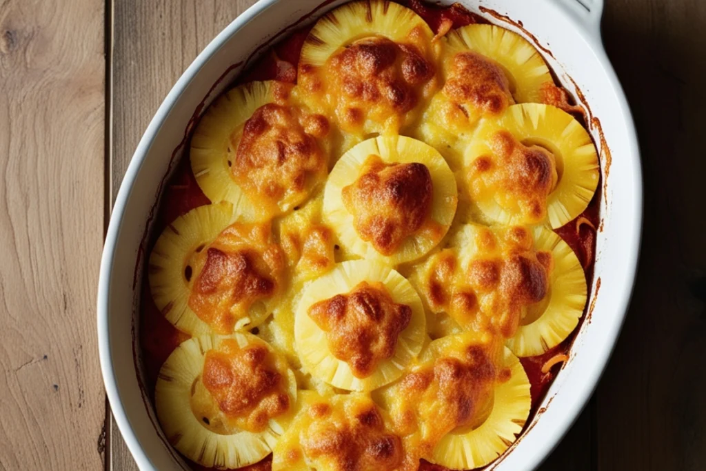 Delicious Pineapple Casserole on a wooden table.