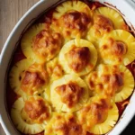 Delicious Pineapple Casserole on a wooden table.