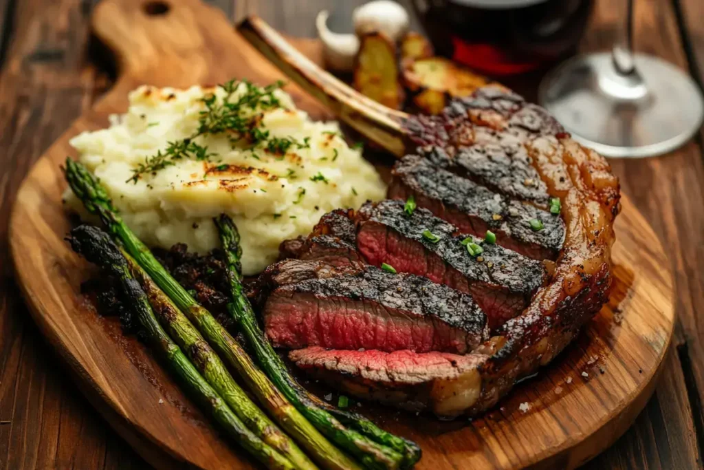 A sliced tomahawk steak plated with roasted garlic and sides.