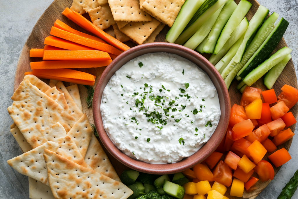 A serving platter with cottage cheese ranch dip and dipping options.