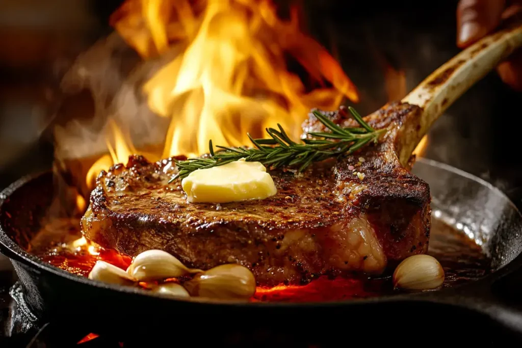 A chef reverse-searing a tomahawk steak in a cast-iron skillet.