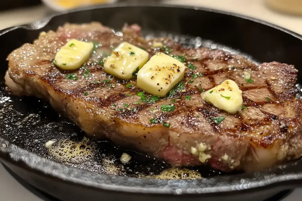  Sizzling ribeye steak in a cast-iron skillet