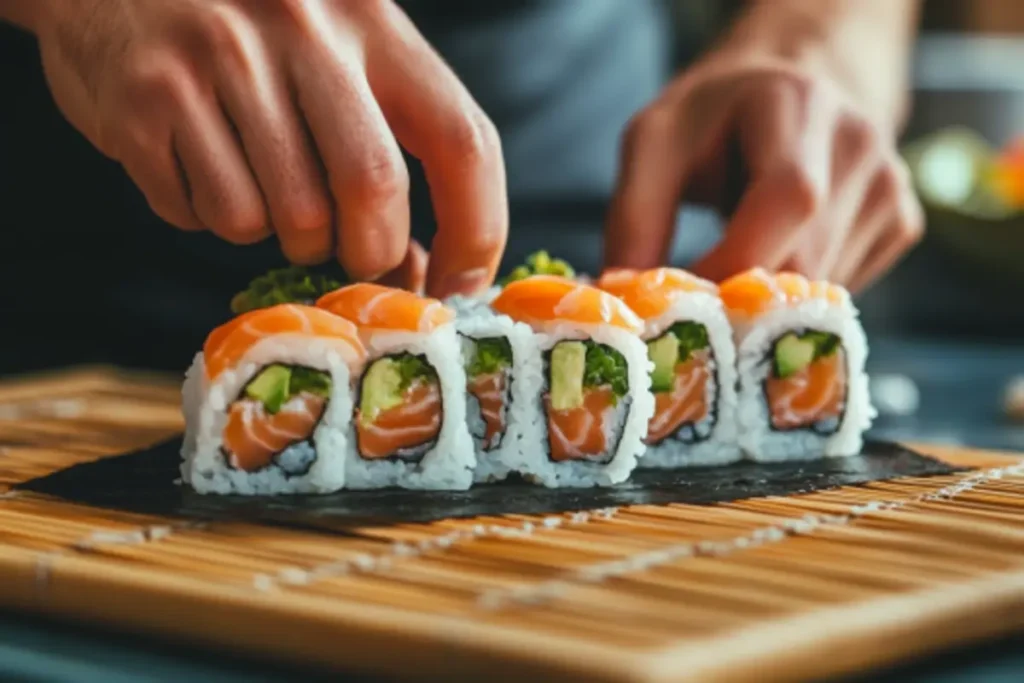 A home chef preparing salmon avocado rolls on a bamboo sushi mat.