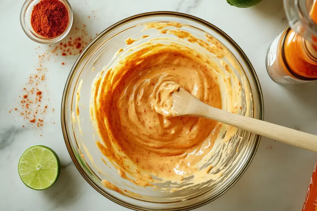 A mixing bowl with homemade Boom Boom Sauce being stirred