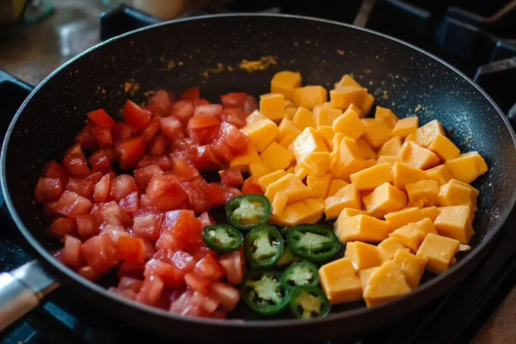 Unmelted cheese cubes, diced jalapeños, and tomatoes in a pan before cooking.