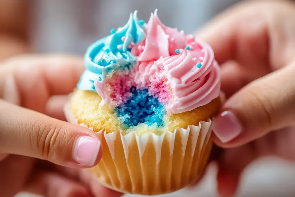 Hands breaking open a gender reveal cupcake with colored filling