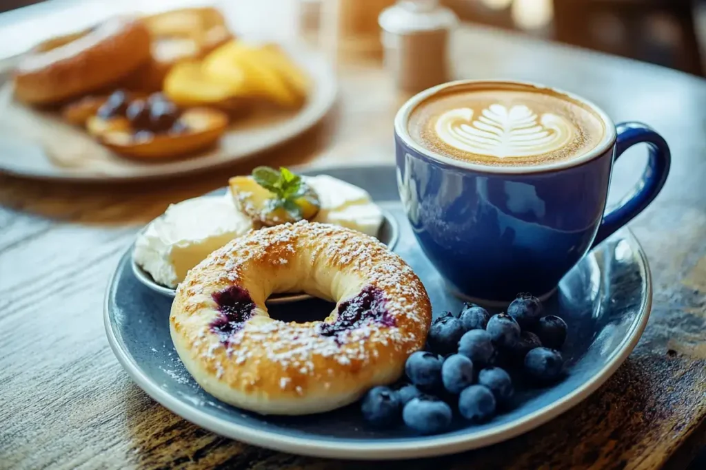 Blueberry bagels served with cream cheese and honey.