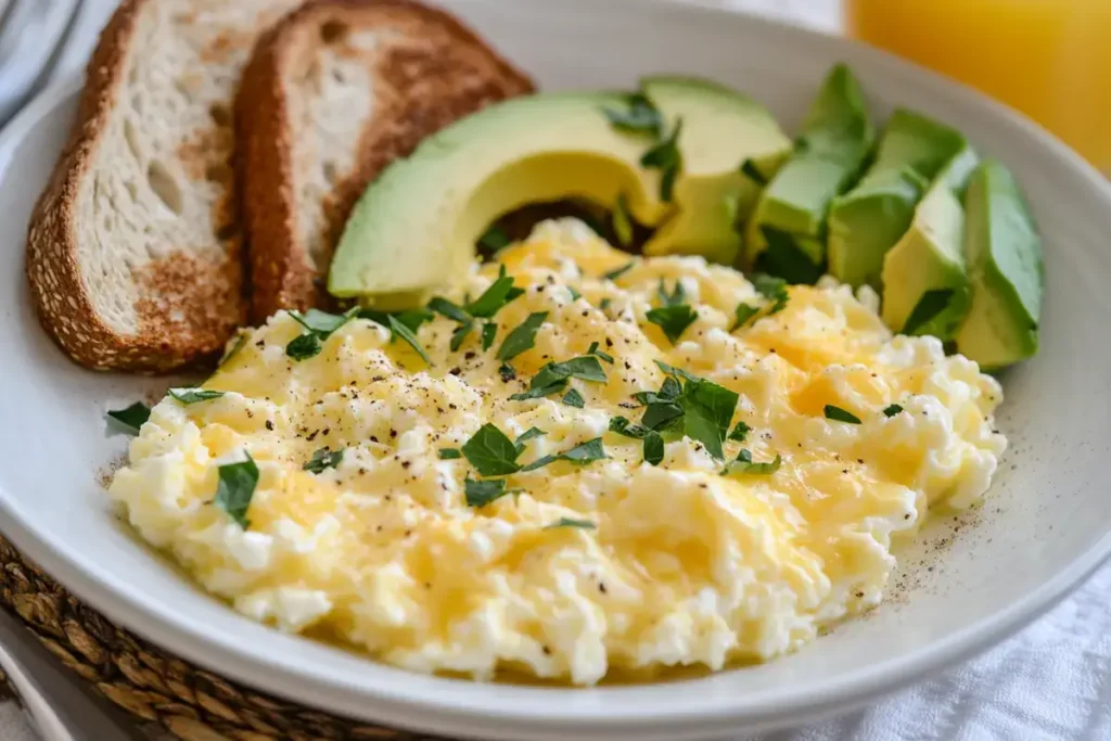 A plated serving of baked cottage cheese eggs with toast and avocado.