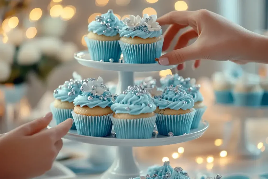 A party table with blue cupcakes arranged on a dessert stand