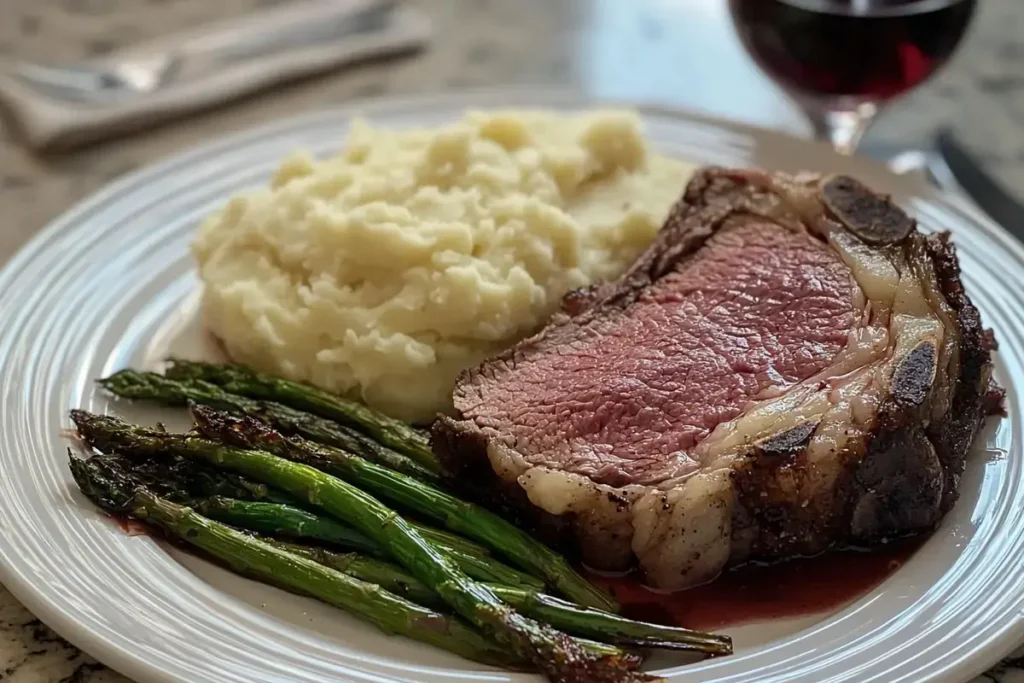 Plated prime rib with side dishes	