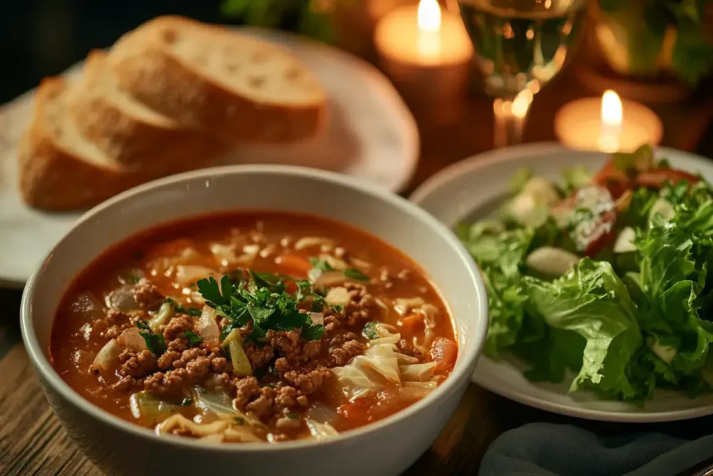 A bowl of cabbage soup with ground beef, crusty bread, and a fresh salad.