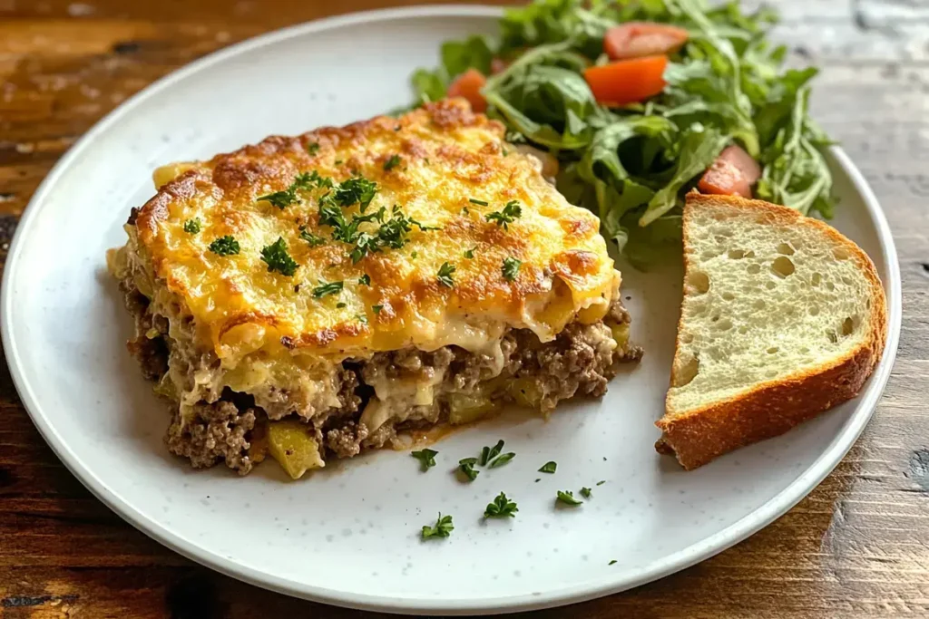  A plated serving of Ground Beef Hash Brown Casserole with salad and garlic bread.