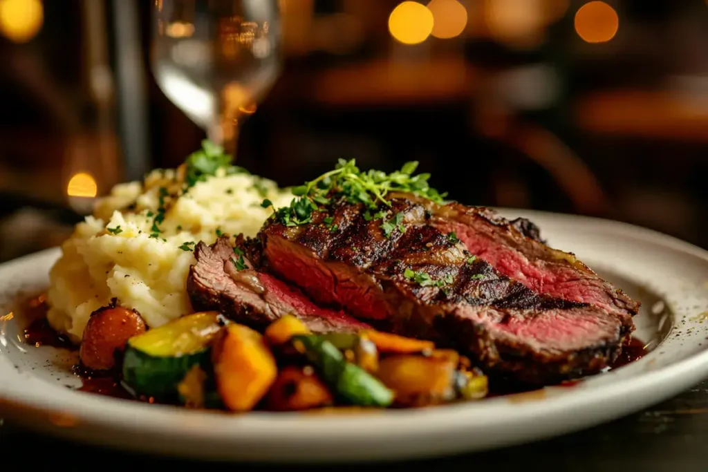 Sliced rib eye roast with mashed potatoes and roasted vegetables.