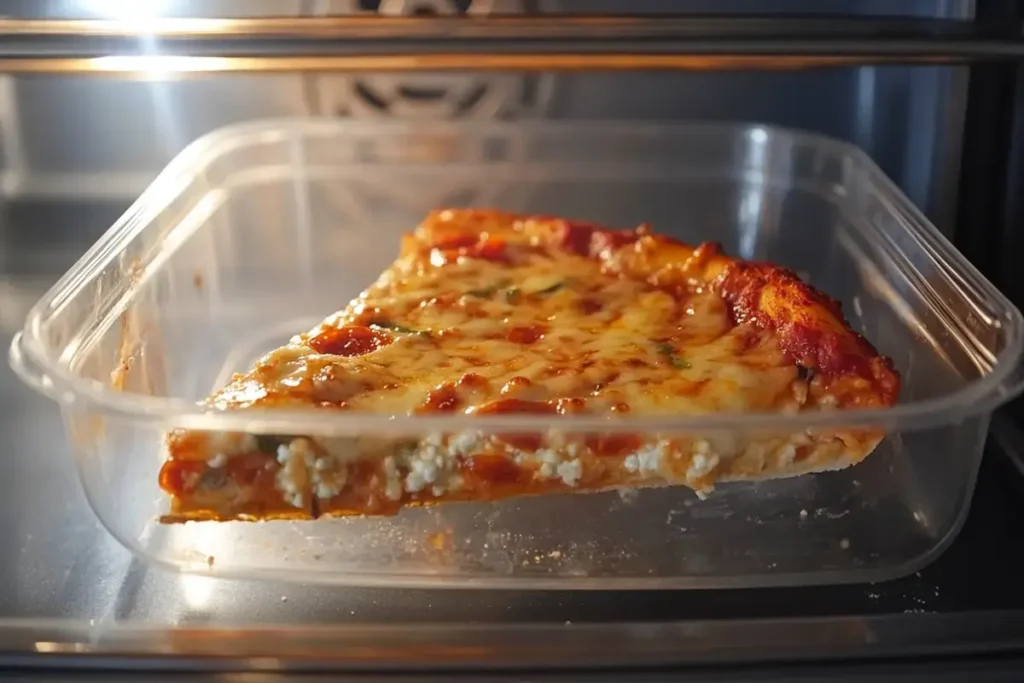 Leftover cottage cheese pizza stored in a fridge