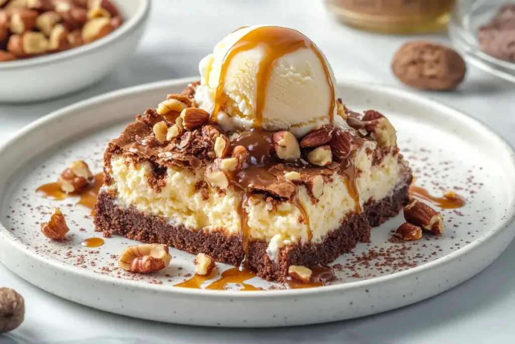 Cottage cheese brownies with ice cream and caramel drizzle