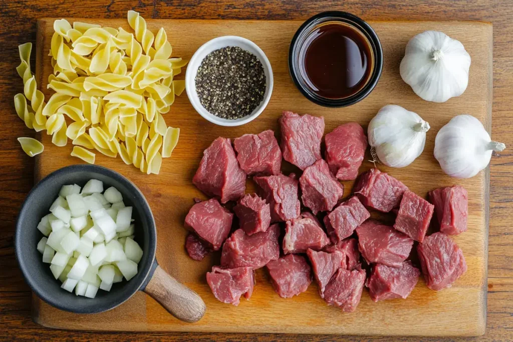 Ingredients for Crockpot Beef Tips and Noodles on a kitchen counter