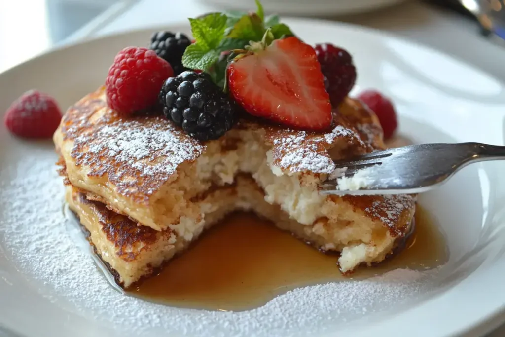 A stack of fluffy cottage cheese pancakes topped with maple syrup and berries.
