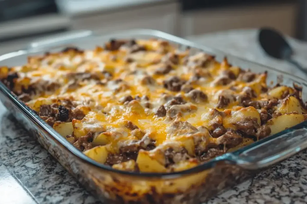 Homemade Mississippi Mud Potatoes casserole in a glass dish