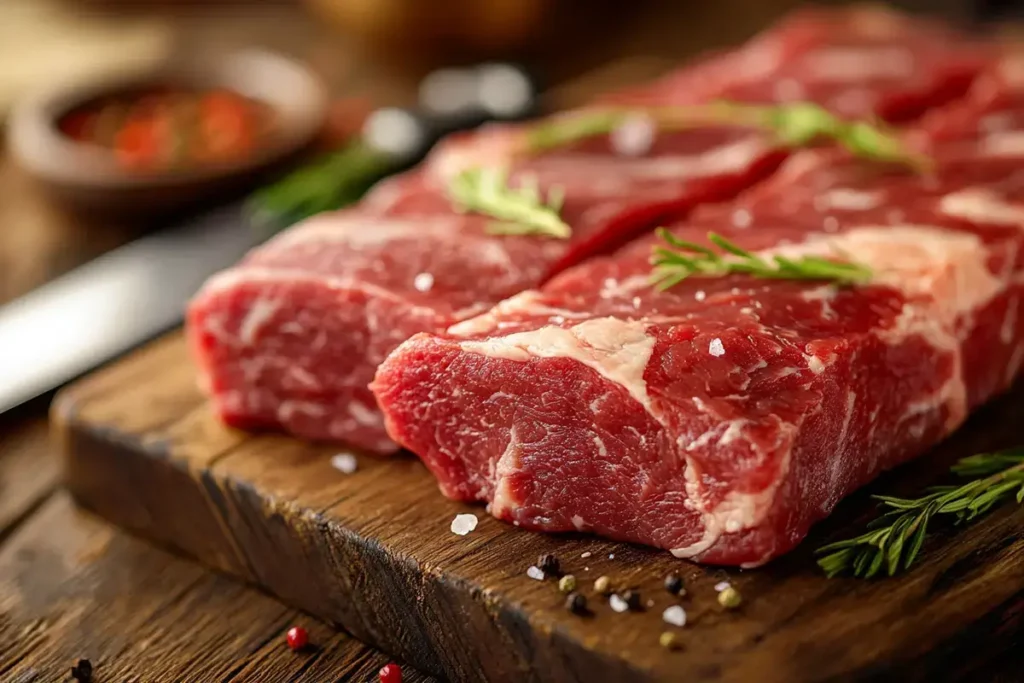 Beef chuck, brisket, and sirloin displayed on a butcher board.