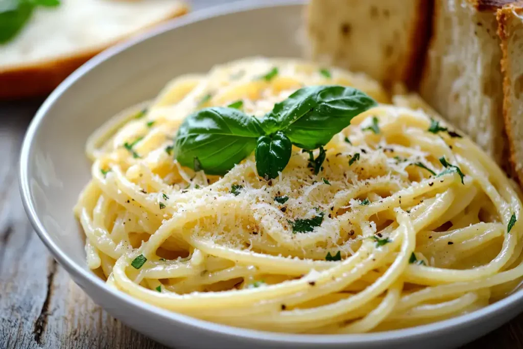 : A plate of slow cooker pasta with fresh basil and Parmesan.