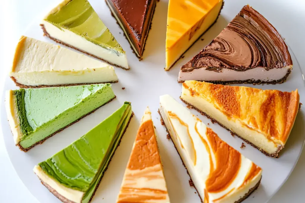 A variety of cheesecake flavors including matcha, chocolate swirl, and vanilla