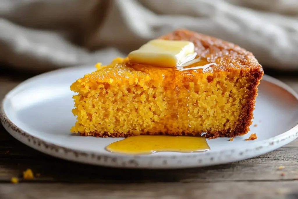  A slice of sweet potato cornbread with butter and honey on a wooden table