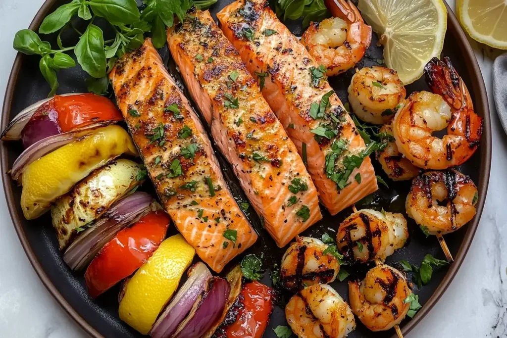 Grilled salmon, shrimp, and vegetables on a pellet grill