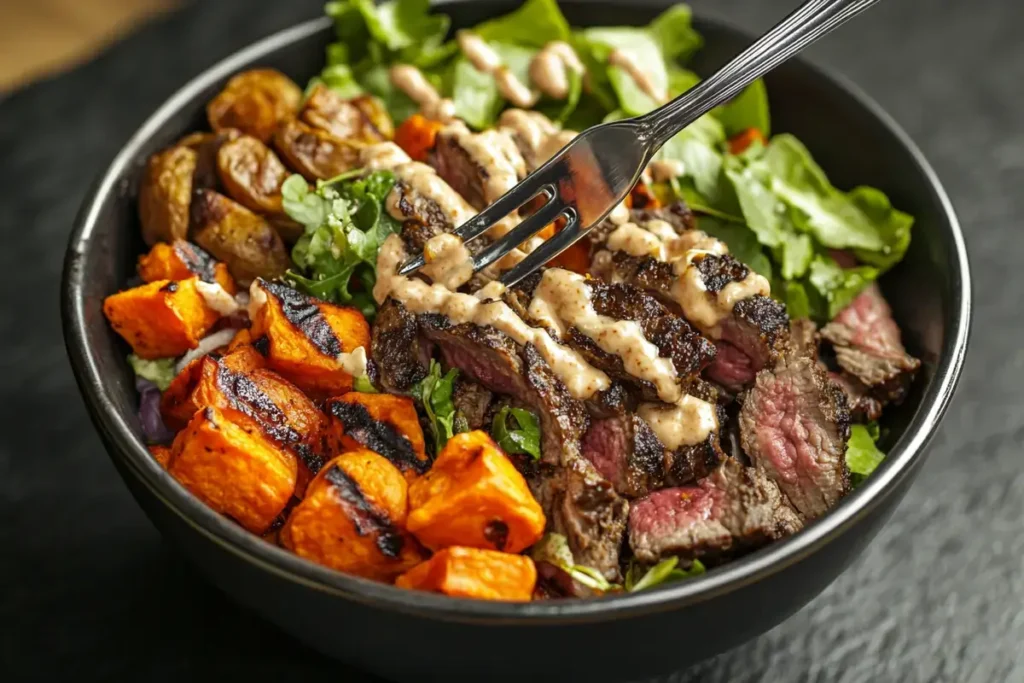 Assembled burger bowl with fresh ingredients