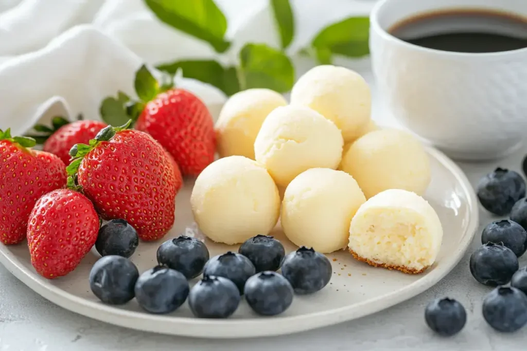 A serving platter of cheesecake balls with fresh fruit and coffee