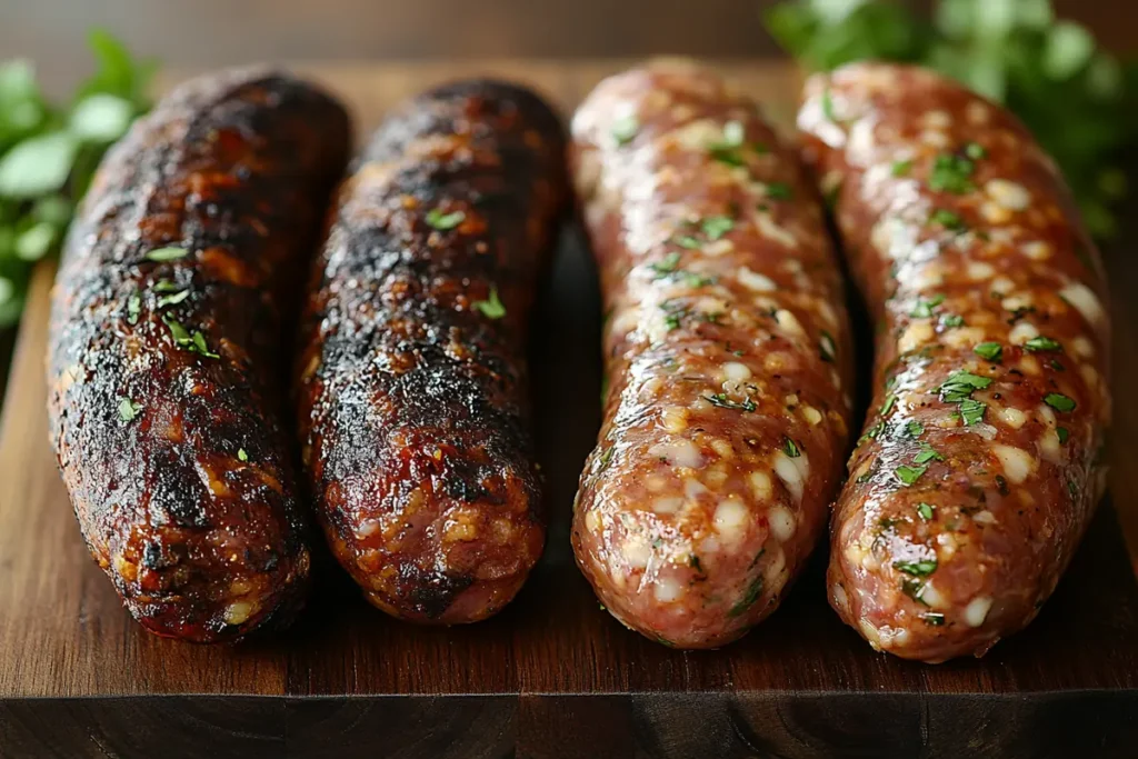 Beef sausage and pork sausage side by side on a wooden board.