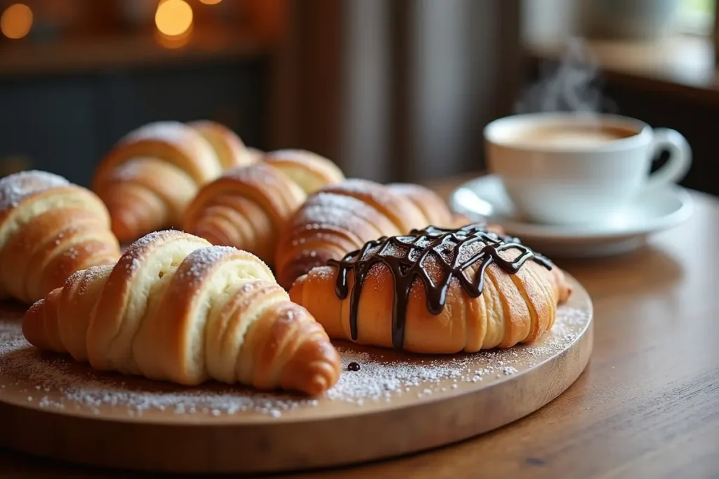 Different types of Swiss Gipfeli pastries on a serving platter
