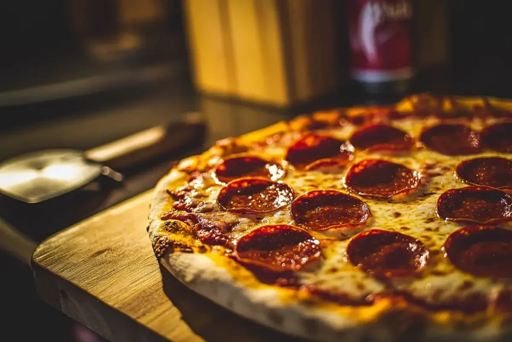 Homemade beef pepperoni pizza with melted cheese