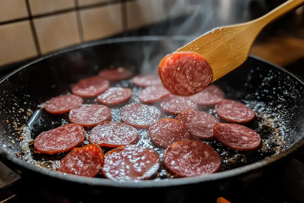 Beef pepperoni slices frying in a pan