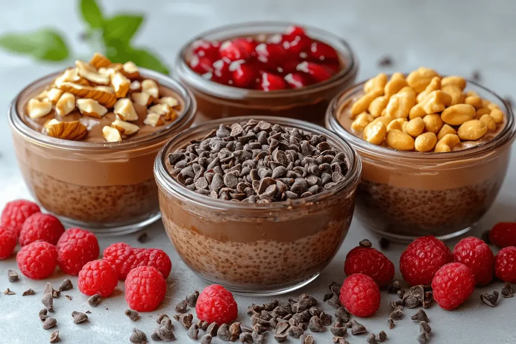 Different flavors of protein pudding in glass jars.